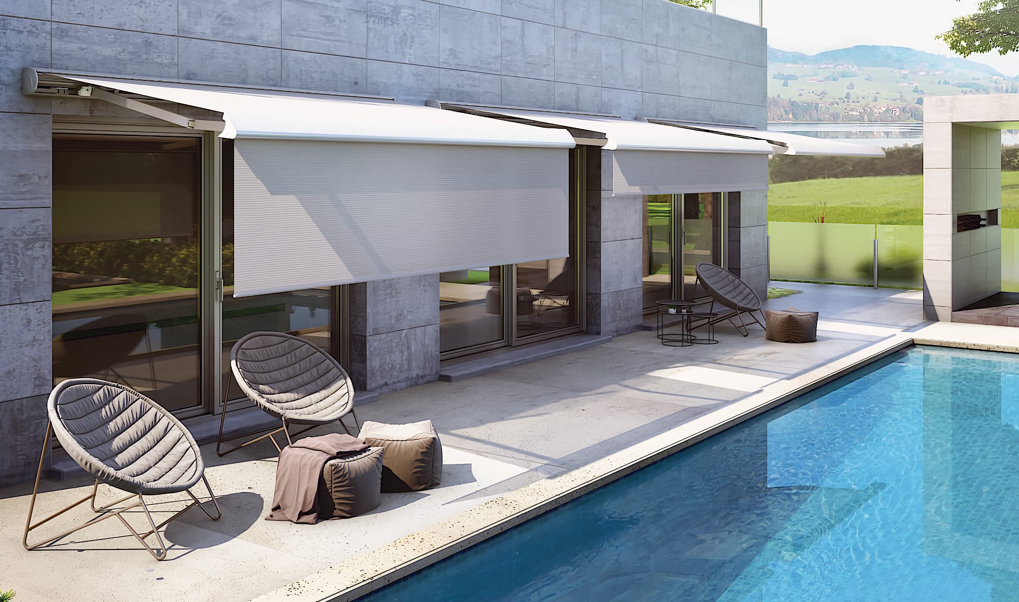 Retractable awnings installed by pool.