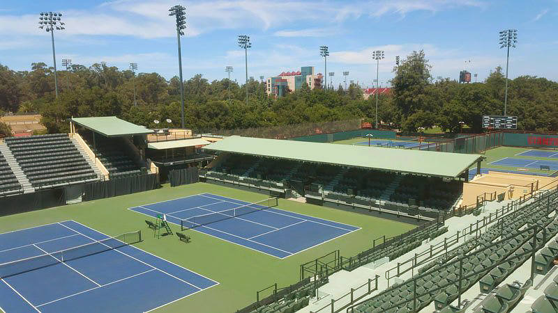 High-peak tent canopies designed, constructed, , by Goodwin-Cole Company, Inc. at Stanford University, consisted of two separate canopies installed over bleacher seating for the University tennis courts.