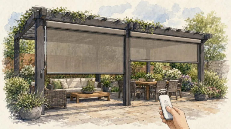 Sketch of pergola showing a manual and motorized roller shade