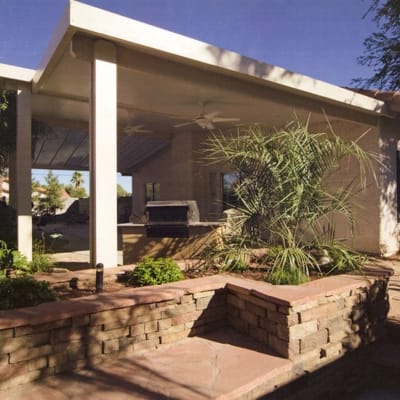Patio cover with insulated roof, wood look.