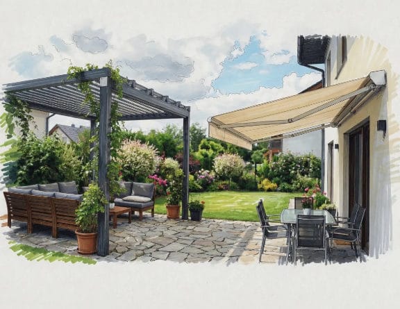 Pergola and retractable awning examples in residential outdoor spaces