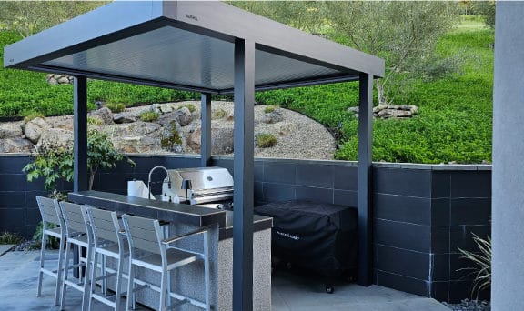 Building with new metal awning covers installed